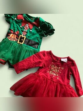 Two Holiday Dresses, Red Ballerina 3-6 mos, Green Christmas Elf - 9/12 mos